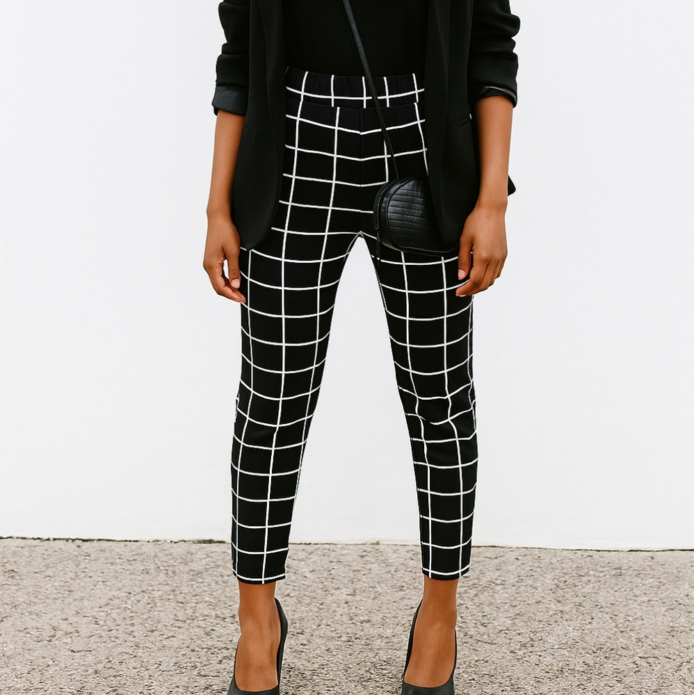 🌴 Black & White Stretch Pants – Elastic Waist, Straight Leg, Pockets, Size XL